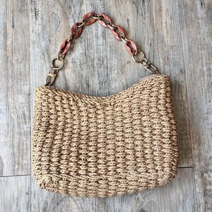 Woven Straw Small Handbag Acrylic Chain Handle Boho Summer Beach Purse Vintage